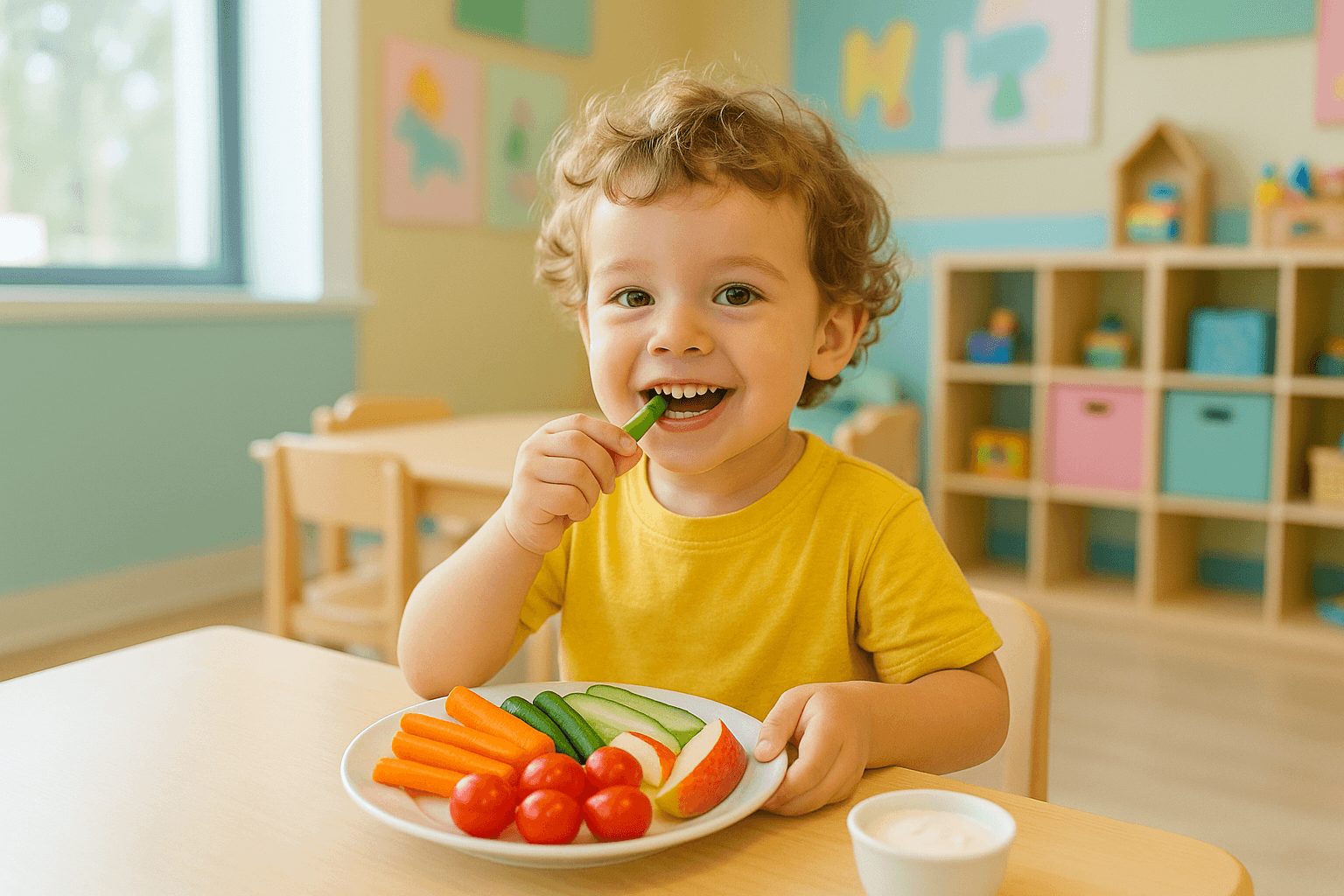 Child eating a healthy meal at the daycare